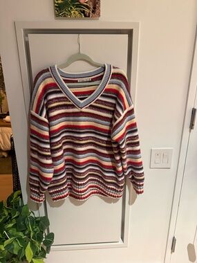 Abercrombie and Fitch Women’s Oversized Striped V-Neck Sweater in Multi-Color
